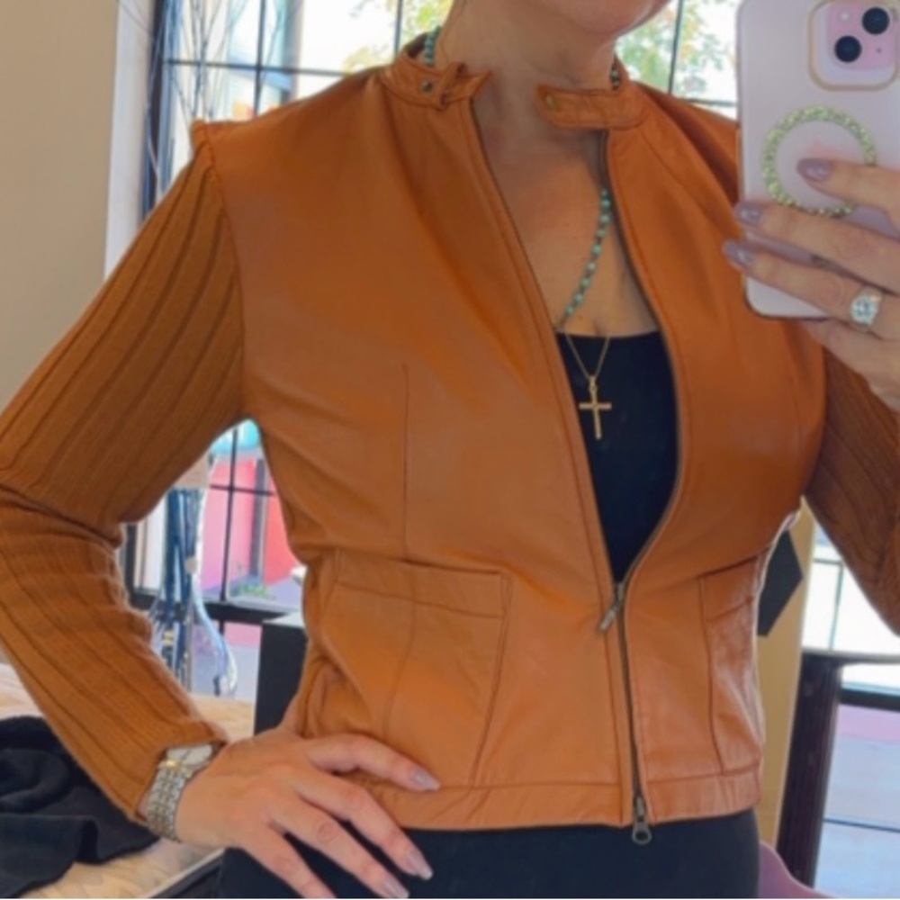 Twiggy Orange/Brown Genuine Leather/Wool Jacket Size Medium